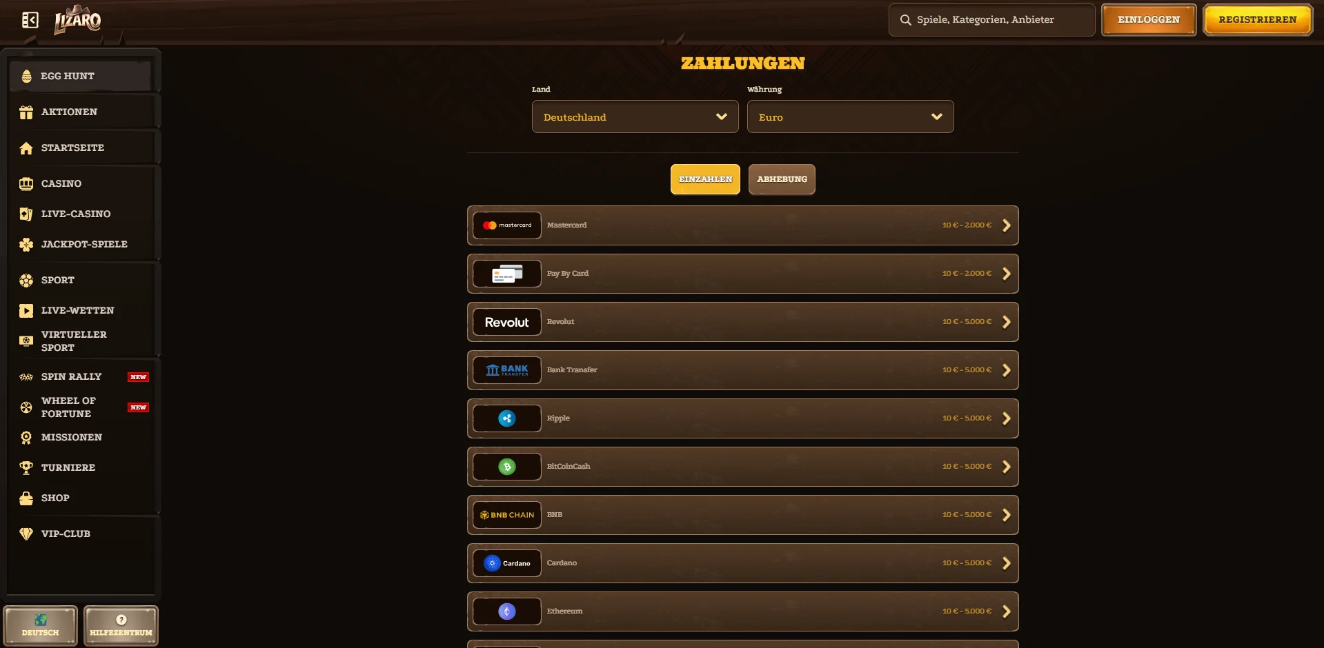 Lizaro Casino Zahlungsoptionen (neu)