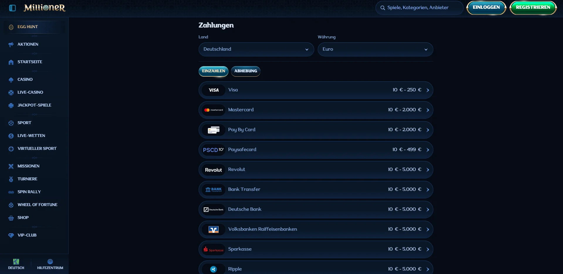 Millioner Casino Zahlungsoptionen